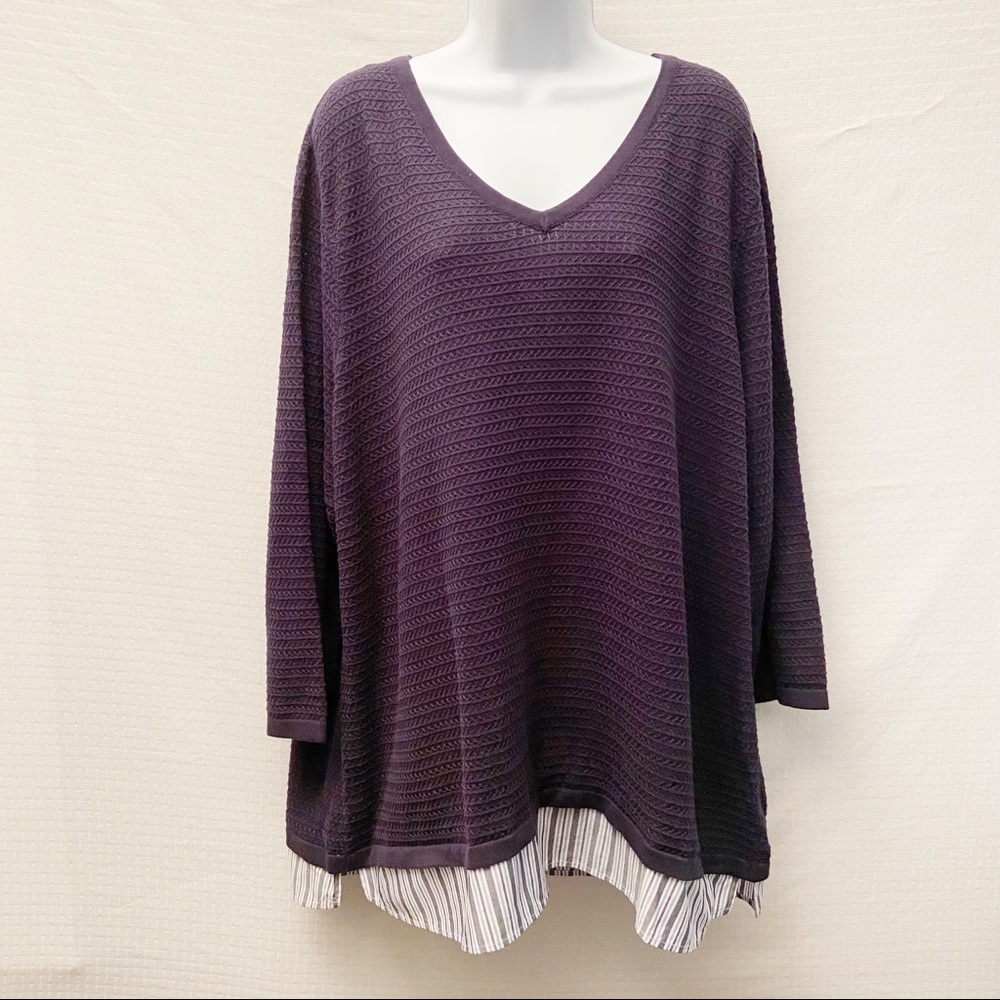 New Talbots Plus Sz 3x Knit Lagenlook Sweater Blue W Striped Hem